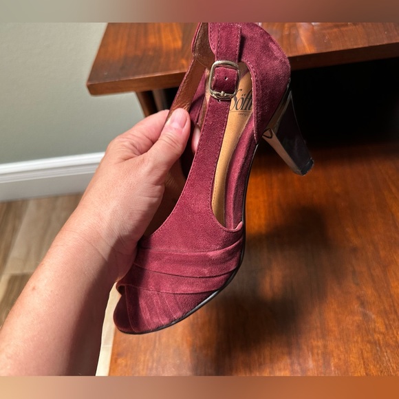 Vintage Sofft Women’s Burgundy Suede Open Peep Toe Heels Sandals Size 6.5 Pumps - Picture 7 of 11